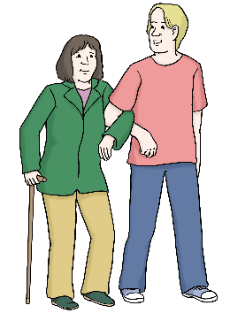 Ein Mann hakt eine Frau mit Gehstock unter. Beide lächeln.